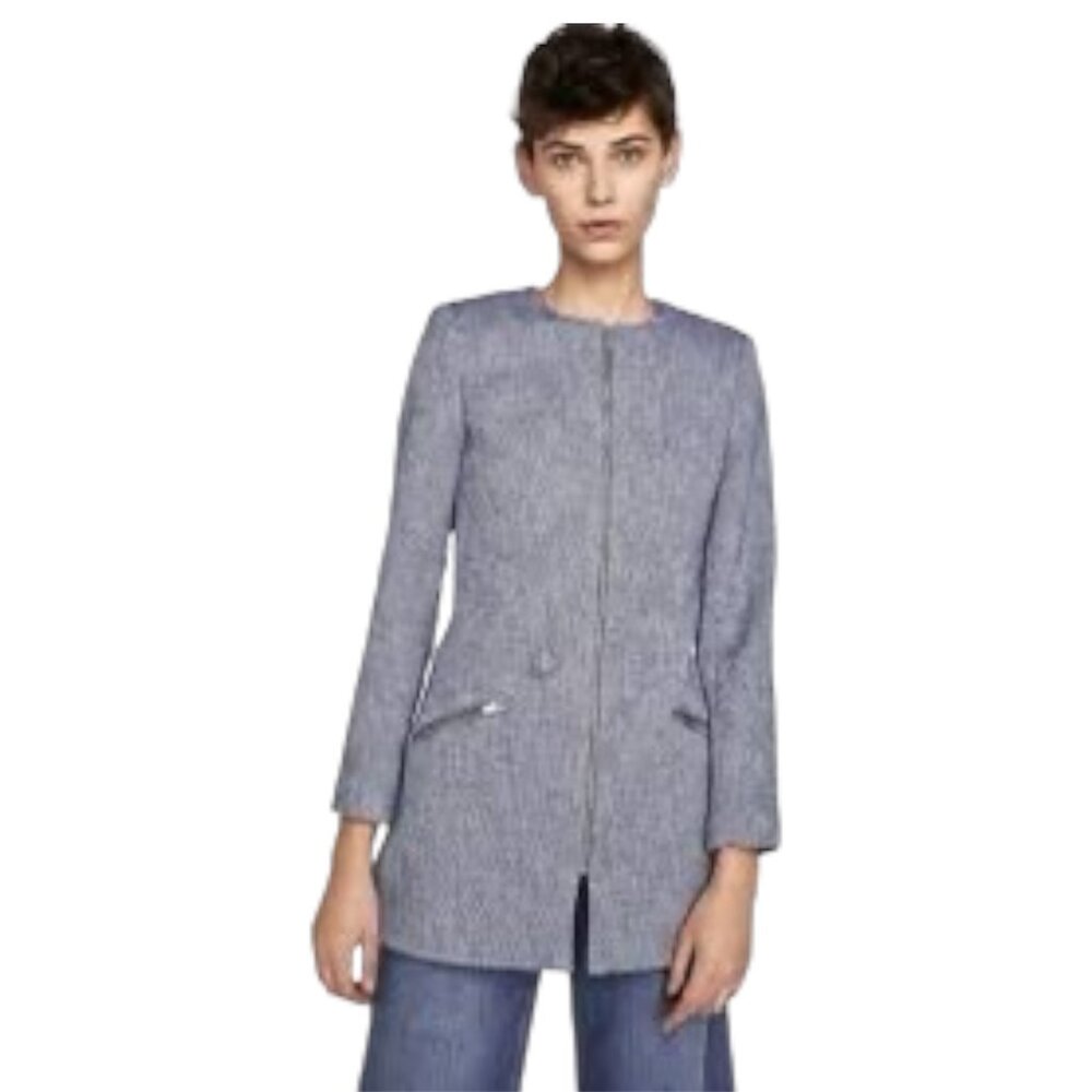 Zara Blue Tweed Blazer Jacket Size Small Preppy Workwear Cute Layering